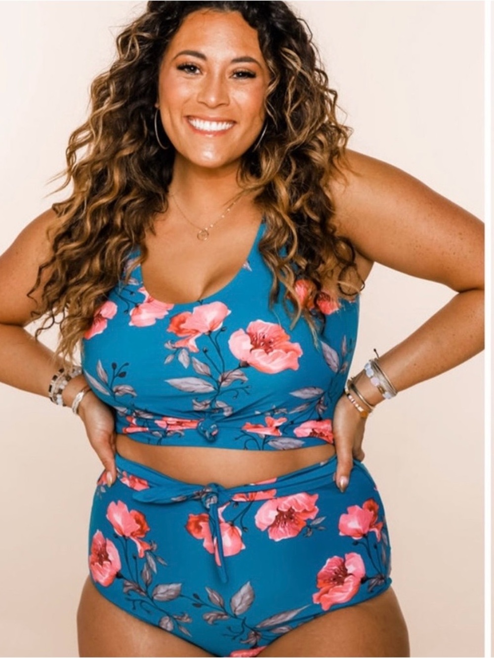 Floral Scoop Neck Blue Tankini Top & Bottom
